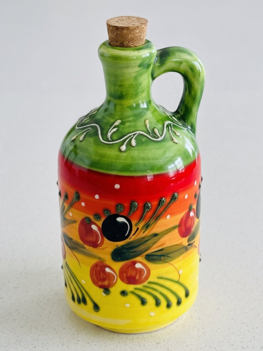 HNOS PEDRAZ Spanish Hand Painted Pottery Olive Oil Pitcher Aceituna Rojo 26oz Co
